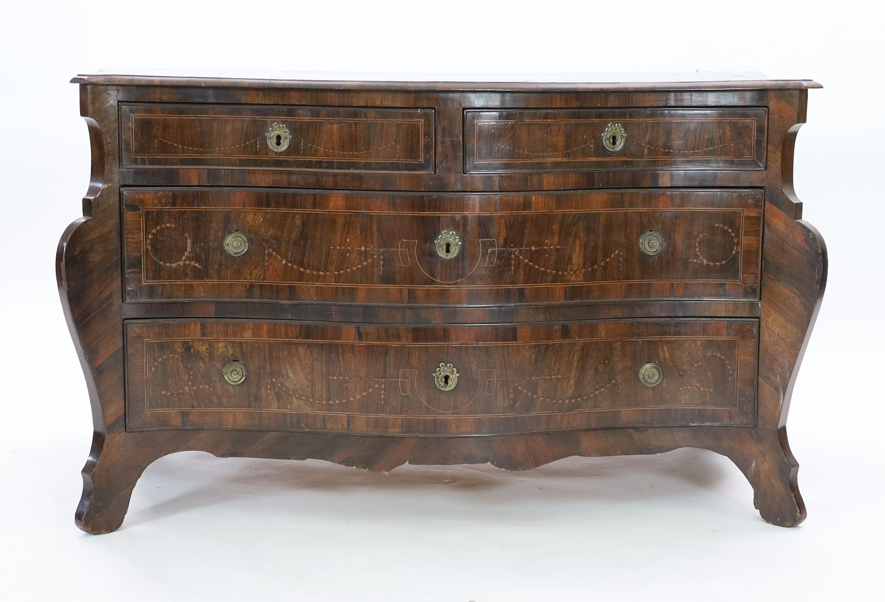 An 18th century North Italian marquetry inlaid kingwood serpentine commode, W.140cm D.67cm H.82cm